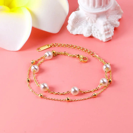 Gold Bead & Faux Pearl Bracelet – 18K Gold Plated