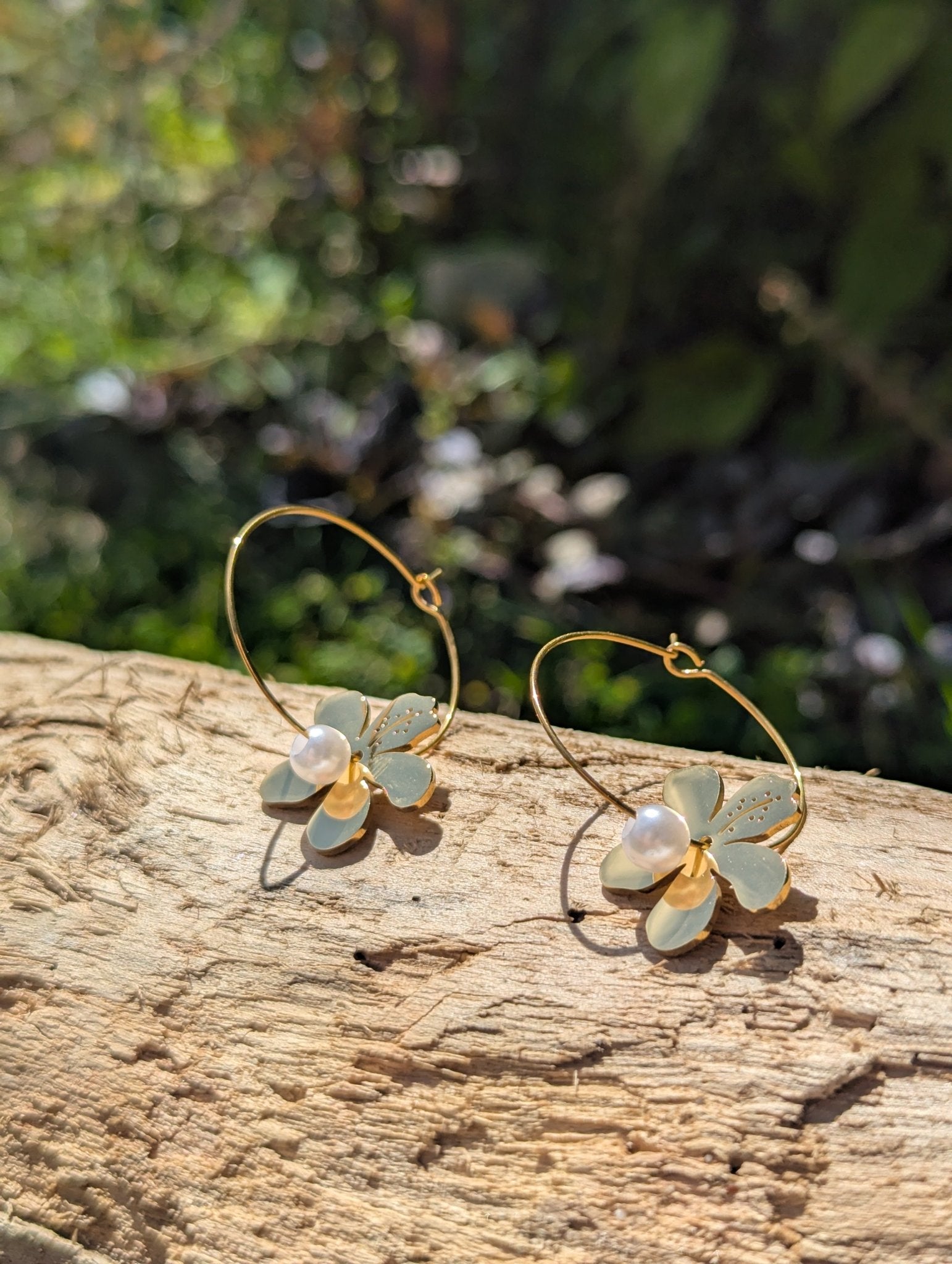Tarnish Resistant Tropical Flower Dangle Hoop Earrings | Waterproof Gold Hoops - Ivy and Sol