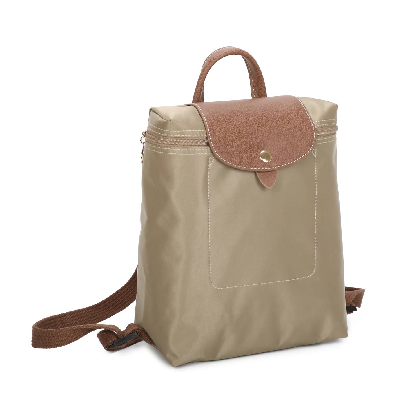 A beige nylon backpack with a brown leather flap and handle, featuring a front pocket and adjustable shoulder strap, shown on a white background.